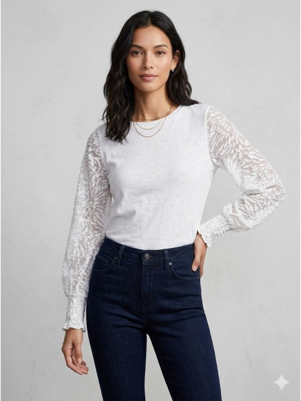 Banana Republic Shirt Womens XS White Lace Balloon Sleeve Crew Neck Top Sheer